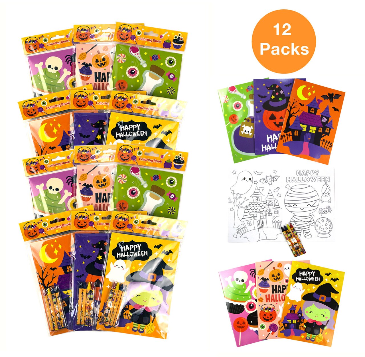 TINYMILLS Halloween Cute Spooky Coloring Books with Crayons, 12 Books and 48 Crayons Party Favors, Non-Candy Trick or Treat Halloween Party